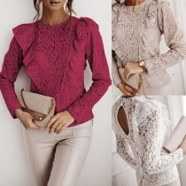Sexy Backless Long Sleeve Round Neck Ruffle Lace Top