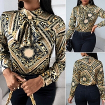 Retro Style Long Sleeve Mock Neck Printed Top