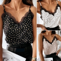 Sexy Backless V-neck Lace Spliced Sling Printed Top