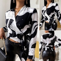 Sexy V-neck Long Sleeve Printed Crop Top