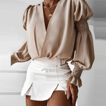 Sexy Puff Sleeve V-neck Solid Color Top
