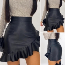 Fashion Solid Color High Waist Irregular Ruffle Hem PU Leather Skirt
