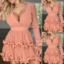 Sexy V-neck Long Sleeve High Waist Solid Color Dress