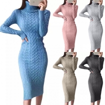 Fashion Solid Color Long Sleeve Turtleneck Slim Fit Sweater Dress