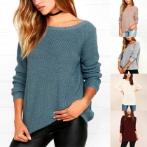 Sexy Backless Long Sleeve Round Neck Solid Color Knit Top