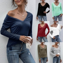 Simple Style Long Sleeve V-neck Solid Color T-shirt