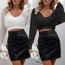 Sexy V-neck Trumpet Sleeve Solid Color Crop Top