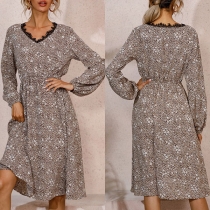Fashion Lace Spliced V-neck Long Sleeve High Waist Printed Dress