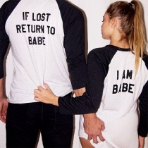 Fashion Letters Printed Long Sleeve Round Neck Couple T-shirt