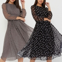 Fashion Long Sleeve Round Neck High Waist Dots Printed Dress