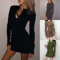 Simple Style Long Sleeve Round Neck Solid Color Slim Fit Dress