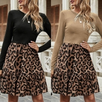 Fashion Long Sleeve Round Neck High Waist Leopard Spliced Hem Dress