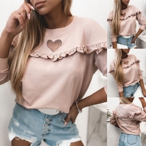 Fashion Solid Color Hollow Out Heart Long Sleeve Ruffle T-shirt