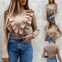 Fashion Solid Color Long Sleeve Mock Neck Ruffle Knit Top