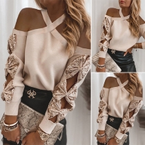 Sexy Off-shoulder Sequin Spliced Long Sleeve Halter Top