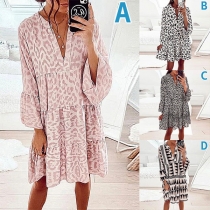 Fashion Lantern Sleeve V-neck Ruffle Hem Printed Dress