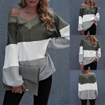 Fashion Contrast Color Long Sleeve V-neck Loose T-shirt