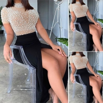 Sexy Short Sleeve Mock Neck Slit Hem Beaded Splided Dress