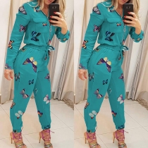 Fashion Butterfly Printed Long Sleeve POLO Collar Jumpsuit