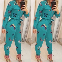 Fashion Butterfly Printed Long Sleeve POLO Collar Jumpsuit
