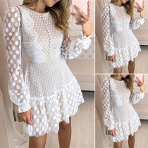 Sexy Dots Gauze Spliced Long Sleeve Round Neck Dress