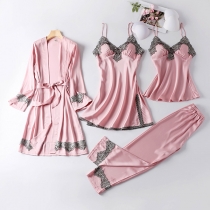 Sexy Lace Spliced Sling Top + Sling Dress + Pants + Robe Nightwear Four-piece Set