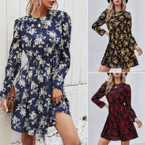 Fashion Long Sleeve Round Neck High Waist Printed Dress