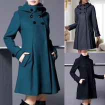 Elegant Solid Color Long Sleeve Stand Collar Double-breasted Woolen Coat