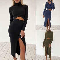 Sexy Long Sleeve High Collar Crop Top + Slit Hem Skirt Two-piece Set