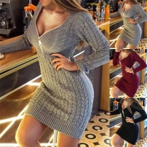 Fashion Solid Color Long Sleeve Zipper V-neck Slim Fit Knit Dress