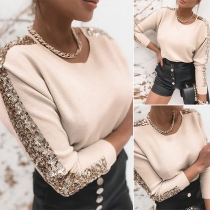 Fashion Sequin Spliced Long Sleeve Round Neck Knit Top