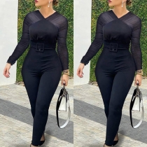 Sexy Gauze Spliced Long Sleeve V-neck High Waist Slim Fit Jumpsuit