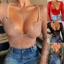 Sexy V-neck Long Sleeve Hollow Out Lace Bodysuit