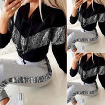 Fashion Sequin Spliced Long Sleeve Top + Pants Two-piece Set