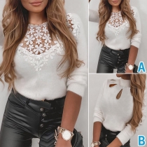 Sexy Hollow Out Lace Spliced Long Sleeve Solid Color Knit Top