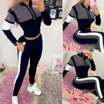 Fashion Contrast Color Rhinestone Spliced Long Sleeve Top + Pants Two-piece Set