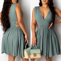 Sexy Side Hollow Out Deep V-neck Sleeveless Solid Color Dress