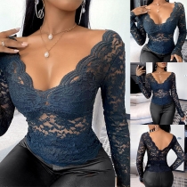 Sexy Backless V-neck Long Sleeve Slim Fit Hollow Out Lace Top