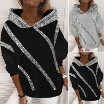 Fashion Sequin Spliced Long Sleeve Hooded Sweatshirt