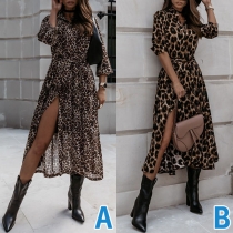 Fashion Long Sleeve POLO Collar Slit Hem Leopard Printed Dress