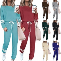 Fashion Striped Spliced Long Sleeve Round Neck Top + Pants Two-piece Set