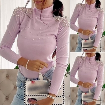 Fashion Solid Color Long Sleeve Turtleneck Beaded Knit Top