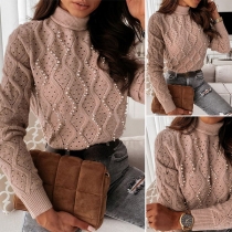 Fashion Solid Color Long Sleeve Turtleneck Beaded Hollow Out Knit Top