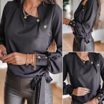Fashion Solid Color Lantern Sleeve Lace-up Hem Top