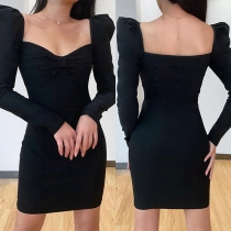Sexy Square Collar Long Sleeve Solid Color Slim Fit Dress