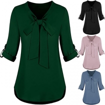 Sweet Style Long Sleeve Lace-up Bow-knot Collar Solid Color Shirt