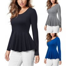 Fashion Solid Color Long Sleeve Round Neck Pleated Hem T-shirt