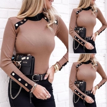 Fashion Contrast Color Long Sleeve Round Neck Button Top