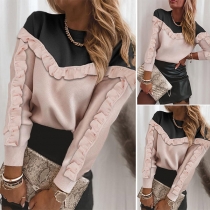 Fashion Contrast Color Long Sleeve Round Neck Ruffle Knit Top