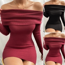 Sexy Off-shoulder Boat Neck Long Sleeve Solid Color Slim Fit Knit Dress